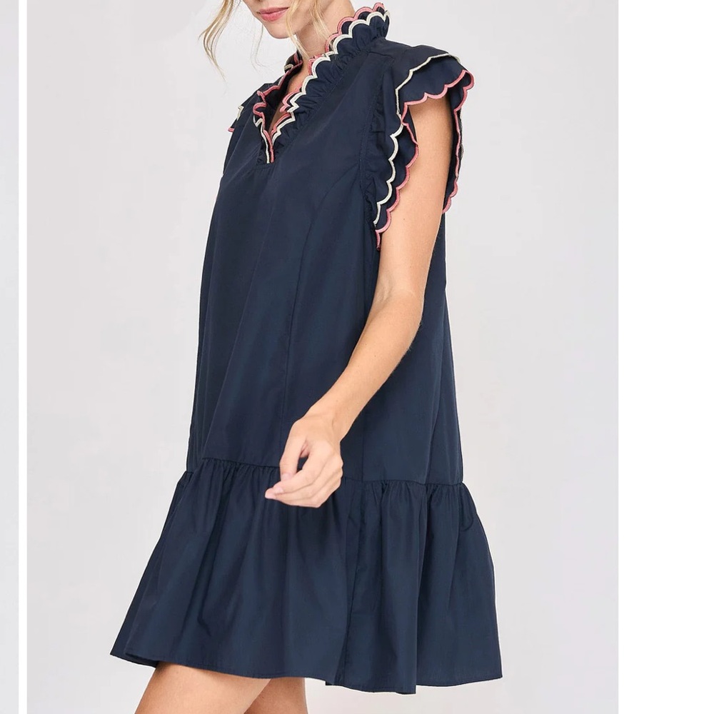 UMGEE Navy Blue Dress Ruffled Scalloped Sleeve Vneck Preppy Pockets NWT - Picture 2 of 5